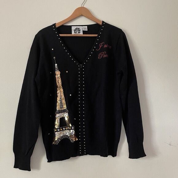 VTG Storybook Knits Paris Eiffel Tower Cardigan Sweater L Beaded Sequin Travel - Picture 1 of 10
